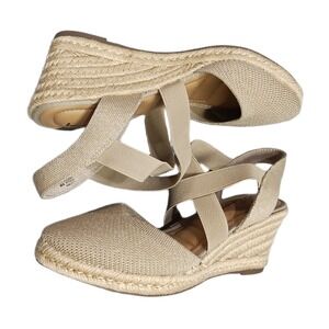 Me Too Stelle Espadrille Wedge Sandals Womens US 6M Tan Closed Toe Ankle Strap